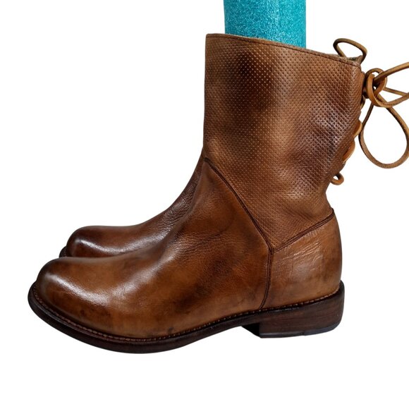 Bed Stu Newark Riding Mid Calf Brown Leather Boots Size 9 Lace Up Western Moto - Picture 4 of 16